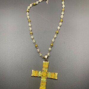 Green Beaded Connector Cross 19” Necklace